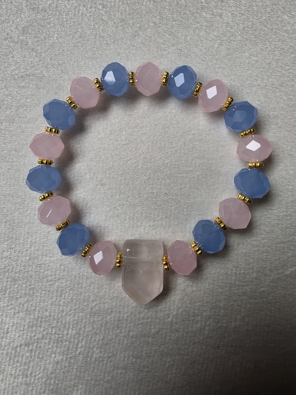 Blue and Pink Faceted Bead Stretch Bracelet with Rose Quartz Pendant